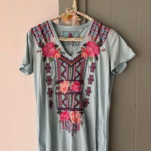 Johnny Was Light Blue Tee with Vibrant Pink Embroidery